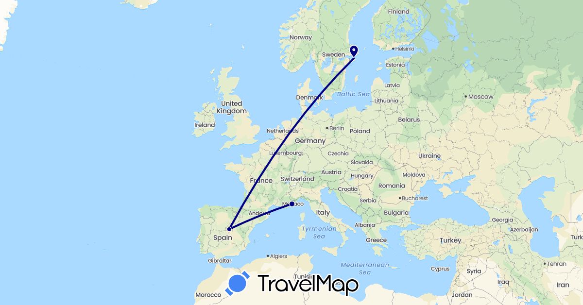 TravelMap itinerary: driving in Spain, France, Sweden (Europe)