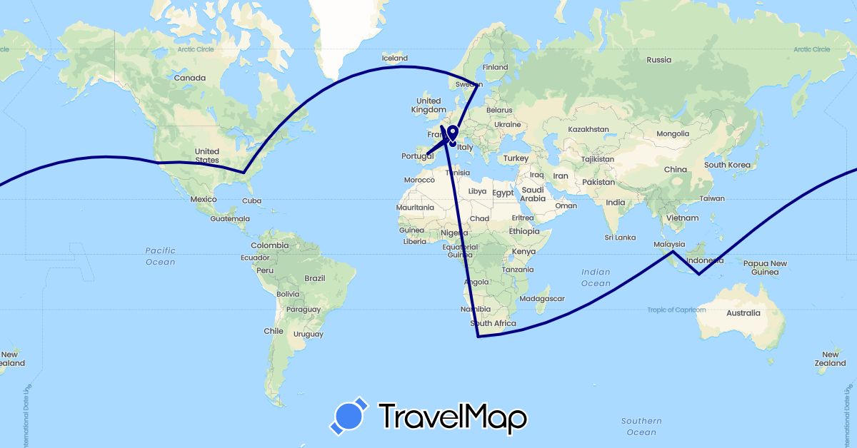 TravelMap itinerary: driving in Switzerland, Spain, France, Indonesia, Italy, Sweden, Singapore, United States, South Africa (Africa, Asia, Europe, North America)